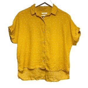 Nicole Miller Polka Dot 100% Linen Crop Blouse Womens S Yellow Retro 50s Casual